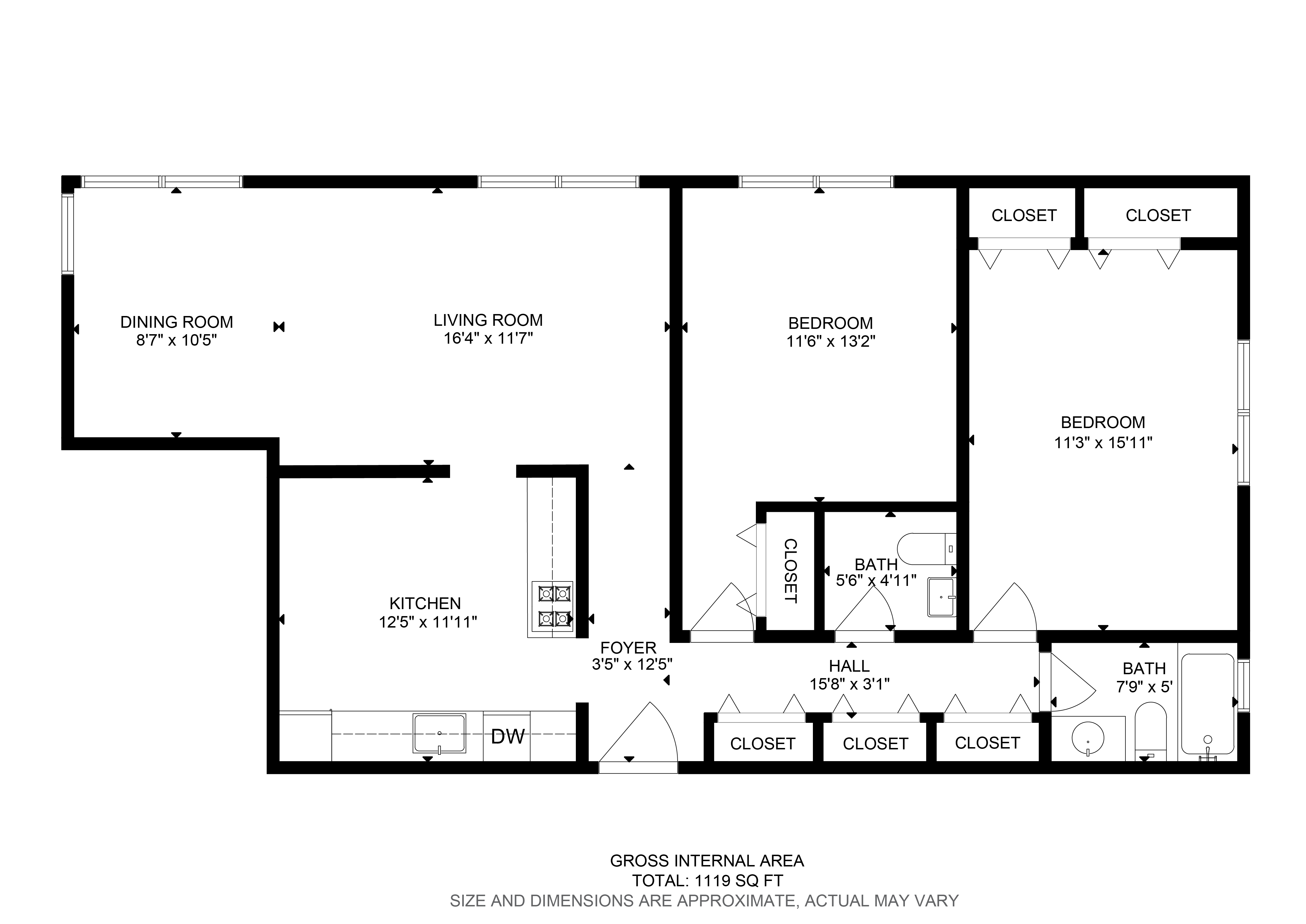 Floor plan for 2 beds, 1 bath